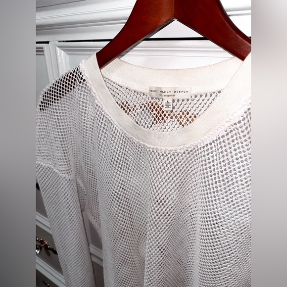 Truly Madly Deeply Open Knit Sweater, White with Striped Trim, Size Large - Picture 6 of 17